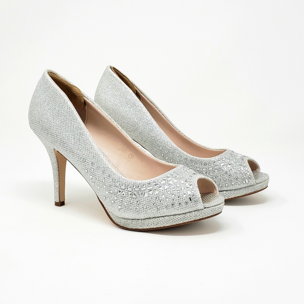 CATHY JEAN Sparkly Silver Platform Peep Toe Heels